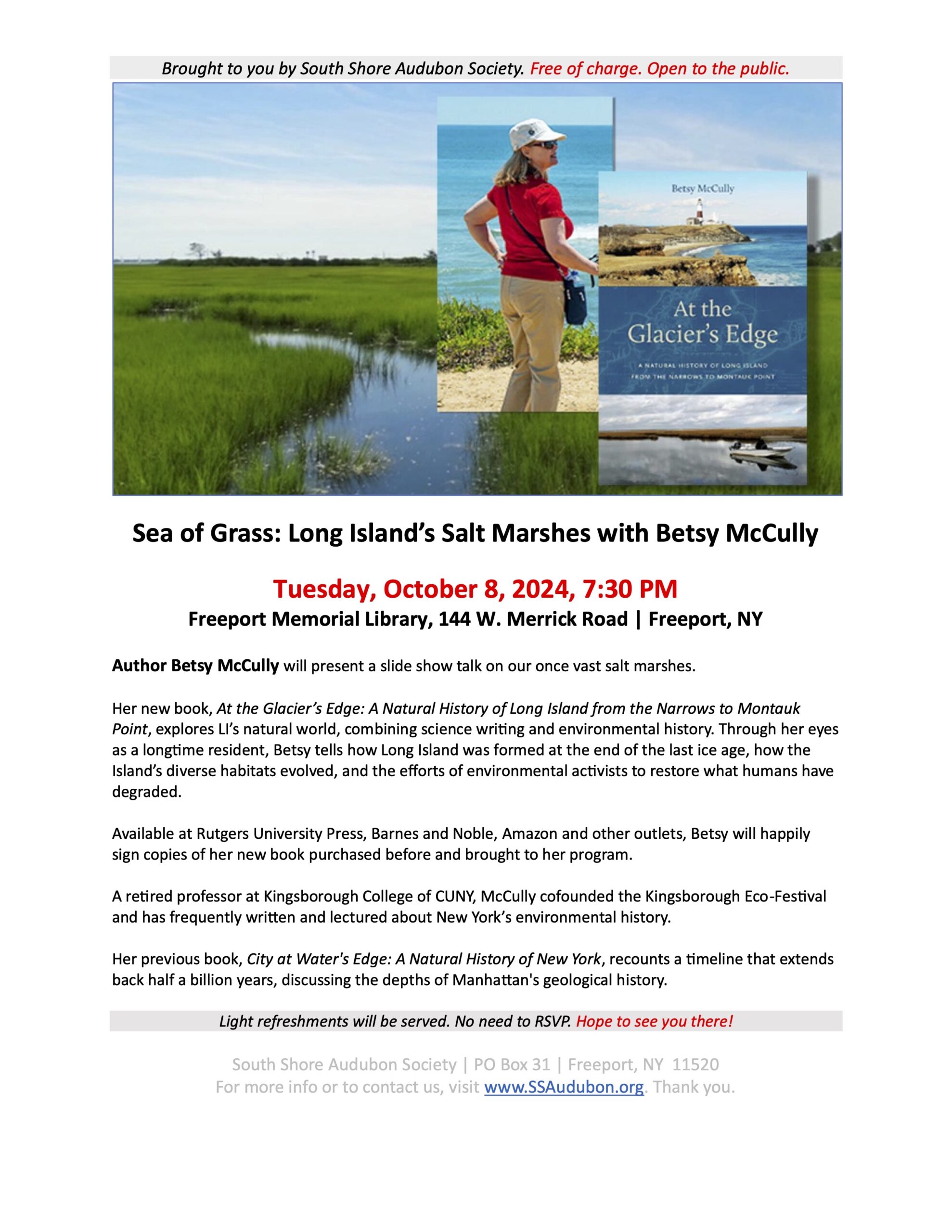 flyer for Betsy McCully lecture at South Shore Audubon Society
