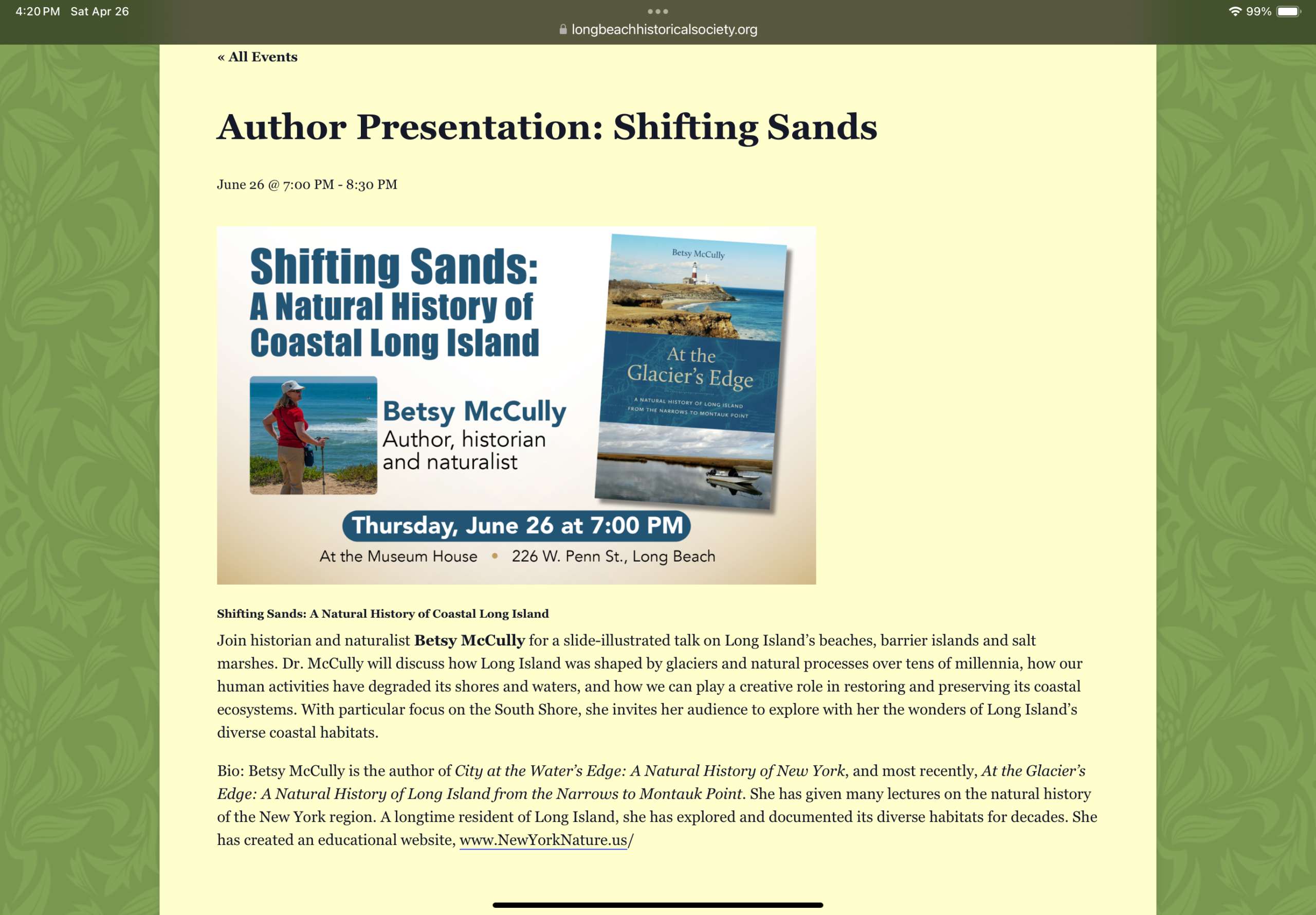flyer for Betsy McCully lecture at Long Beach Historical Society